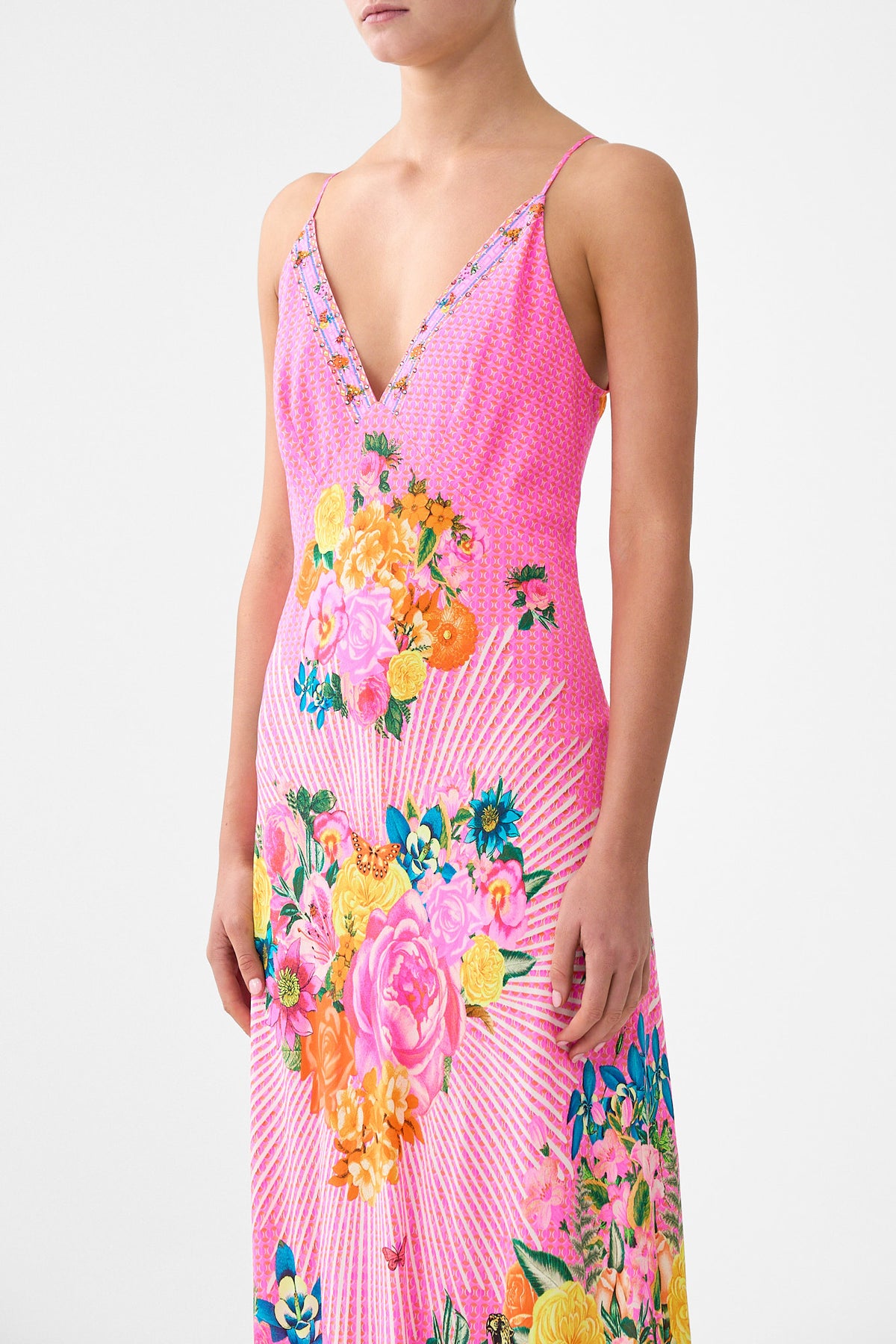 The CAMILLA V-NECK FULL LENGTH BIAS SLIP DRESS ILLUSTRATION NATION