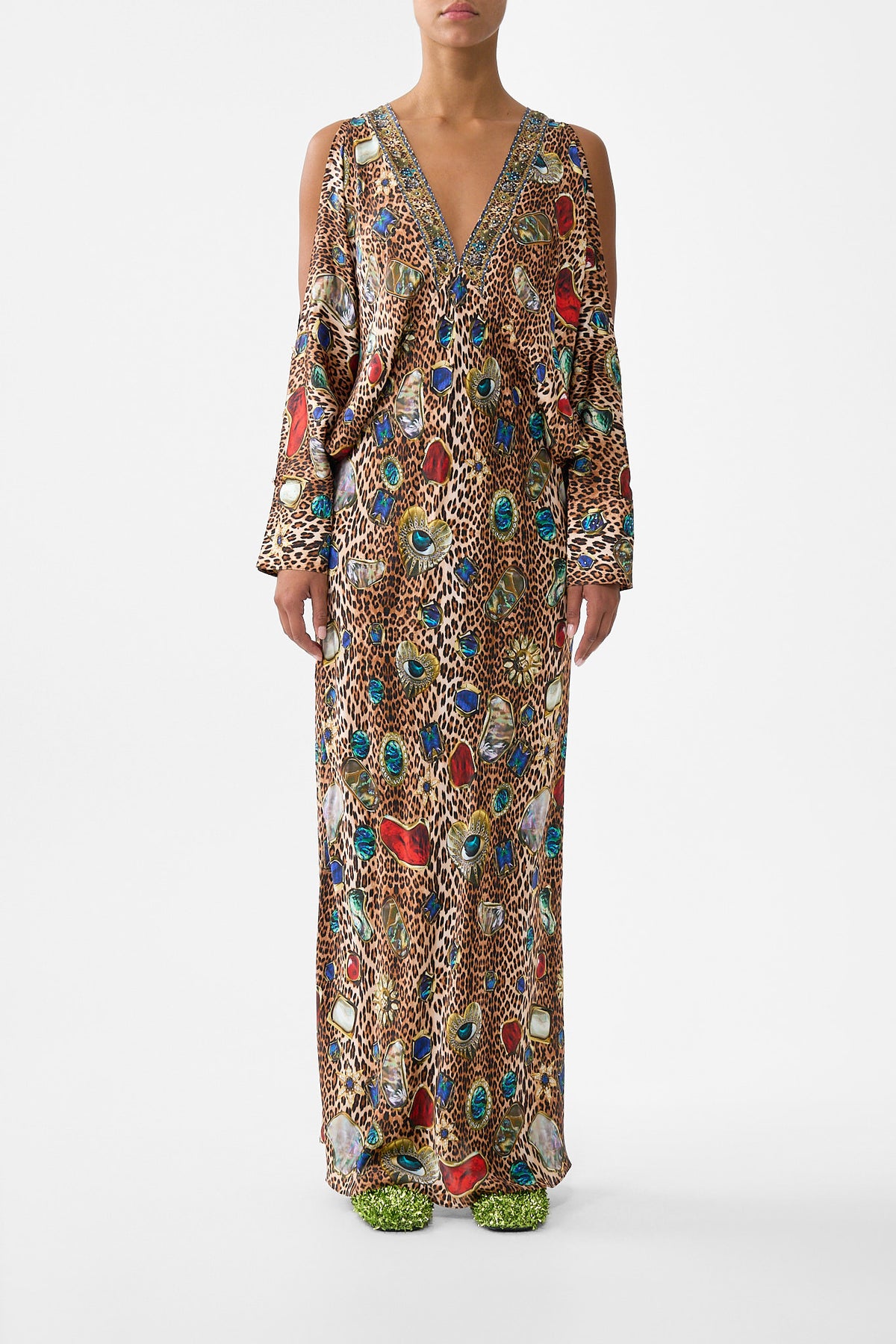 The CAMILLA PLUNGE NECK DRAPED SHOULDER DRESS NAZAR NIRVANANAZAR NIRVANA