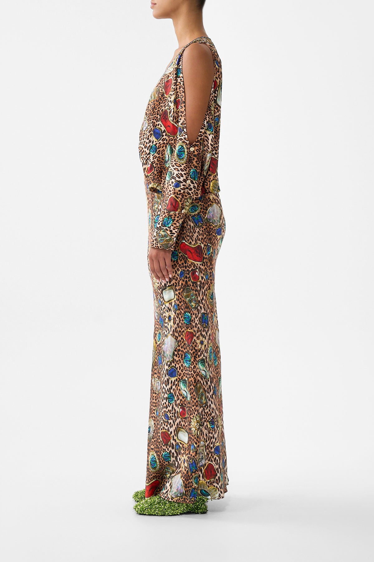 The CAMILLA PLUNGE NECK DRAPED SHOULDER DRESS NAZAR NIRVANA
