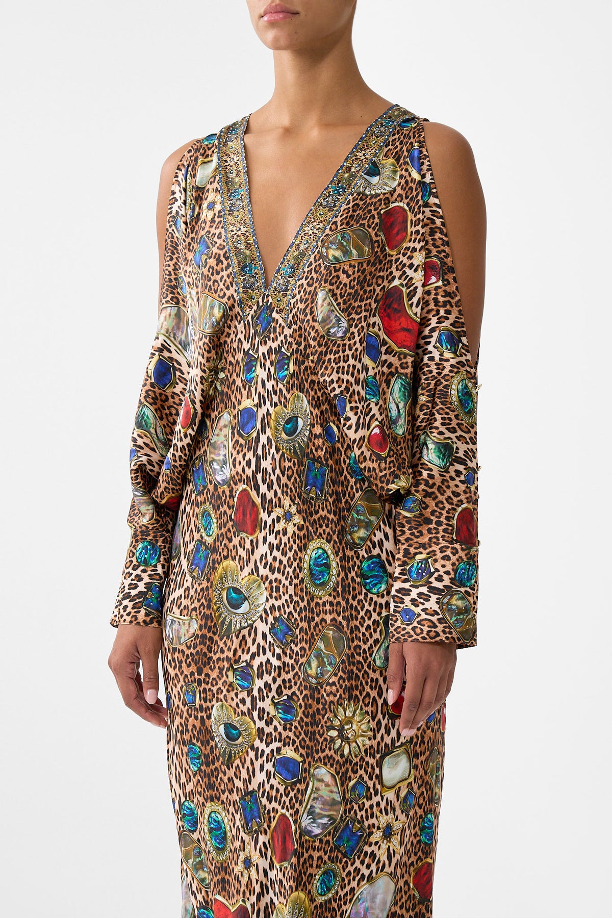 The CAMILLA PLUNGE NECK DRAPED SHOULDER DRESS NAZAR NIRVANA
