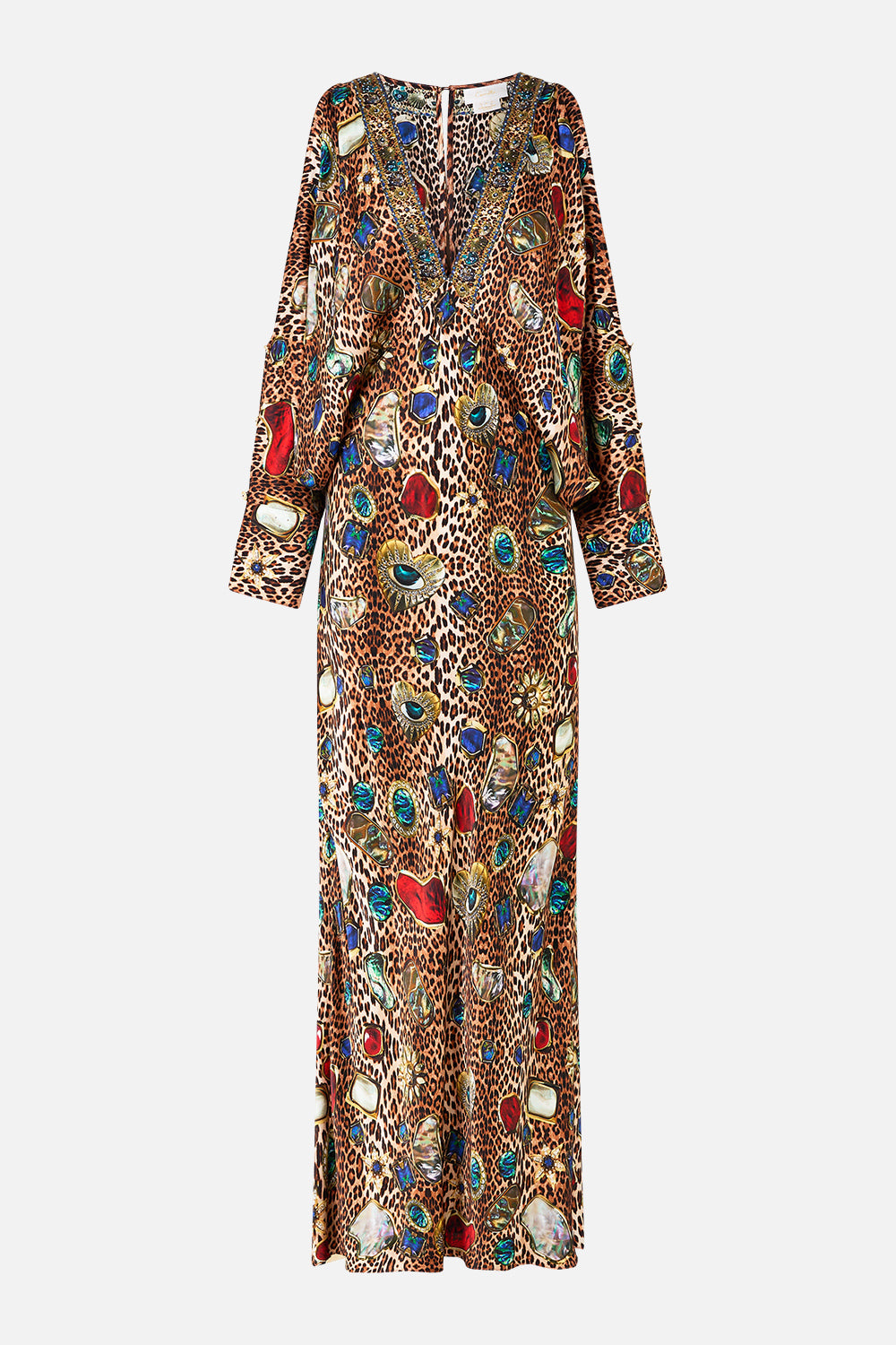 The CAMILLA PLUNGE NECK DRAPED SHOULDER DRESS NAZAR NIRVANA