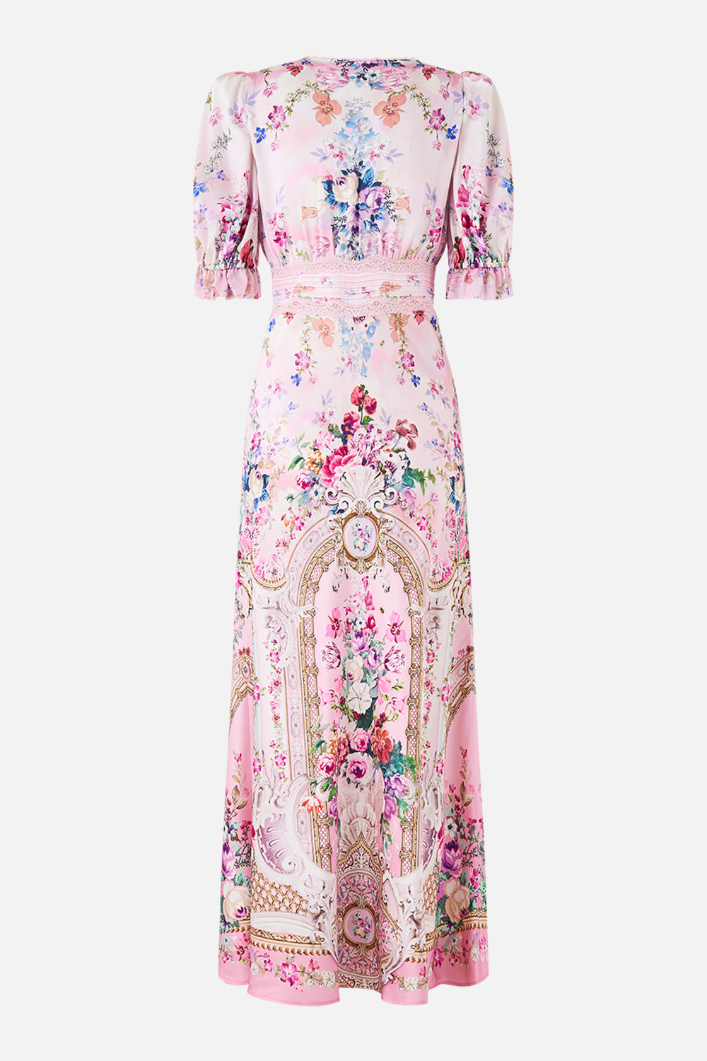 BIAS CUT MIDI DRESS WITH LACE INSERT PALATIAL PASTELS