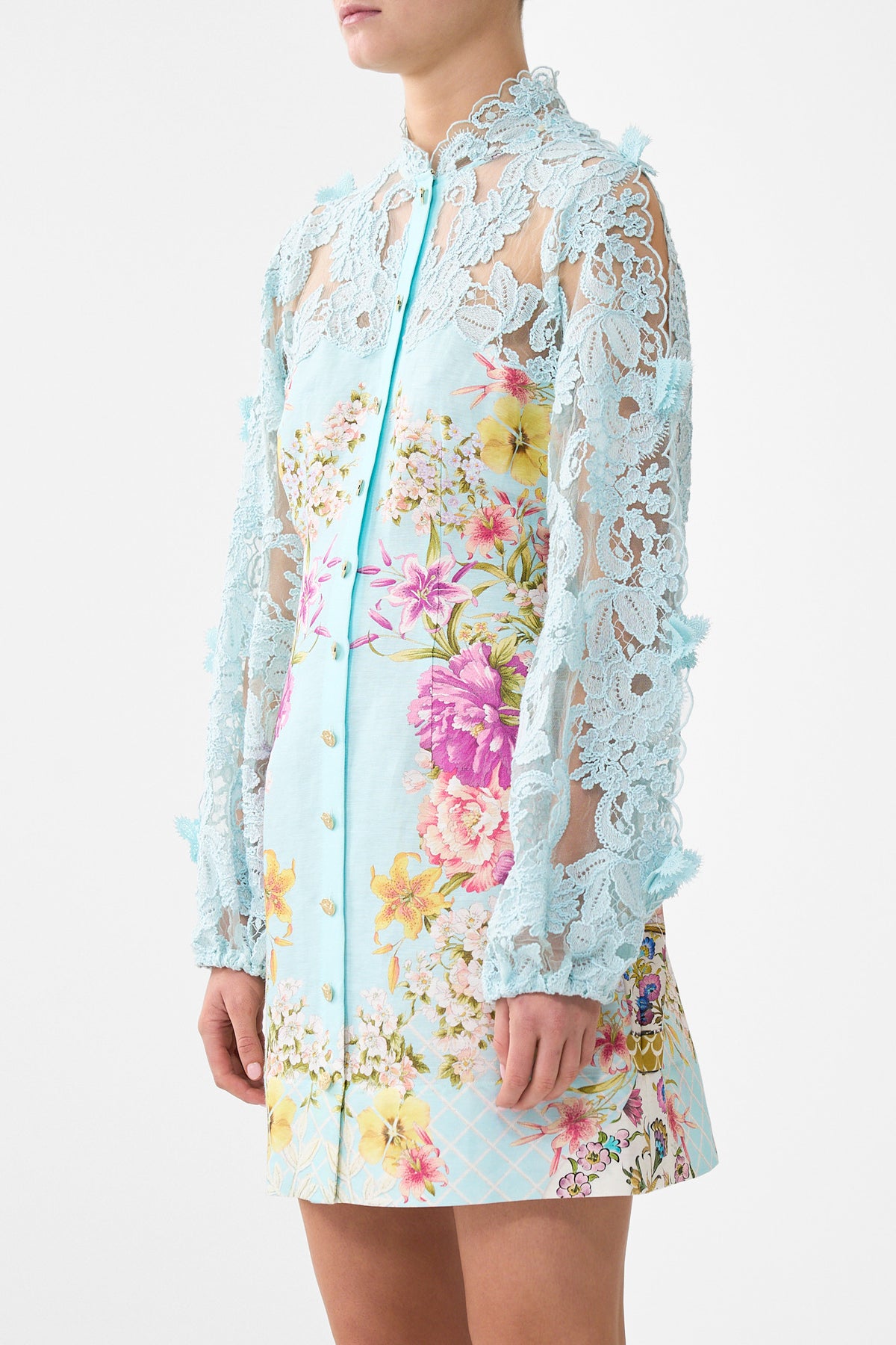 The CAMILLA LACE SLEEVE MINI DRESS BAZAAR BLOOMS