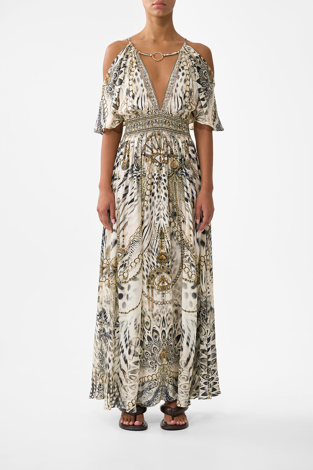 NECK CHARM SHIRRED WAIST LONG DRESS LADY LIONHEART