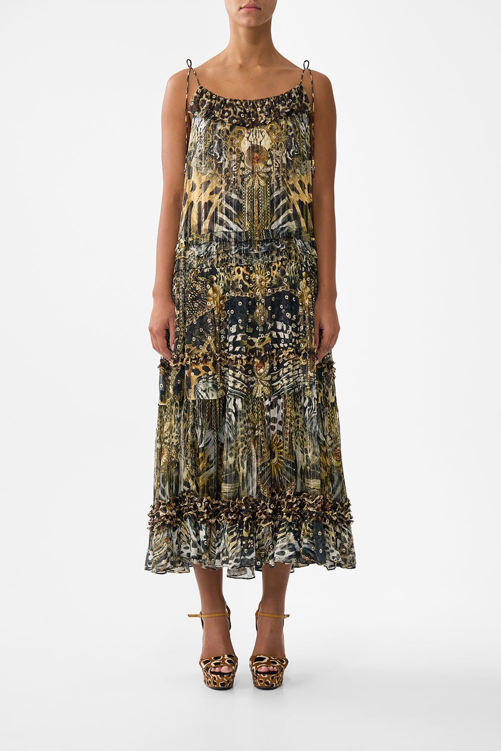 GATHERED TIERED DRESS WITH FRILL DETAIL FELINE FOLKLORE