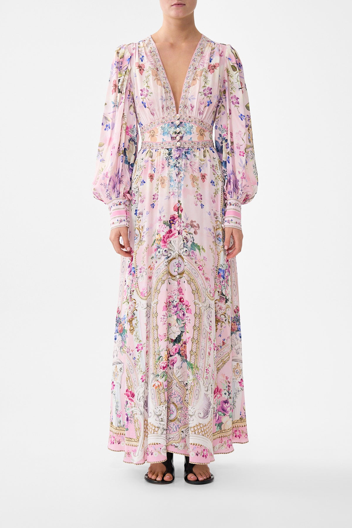 SHAPED WAISTBAND DRESS WITH GATHERED SLEEVES PALATIAL PASTELS