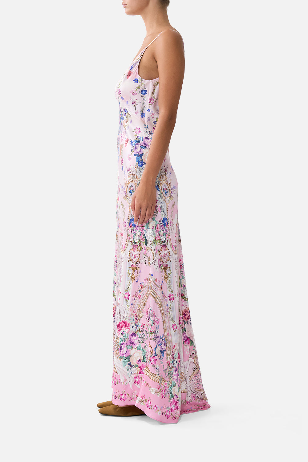 V-NECK LONG BIAS SLIP DRESS WITH TRAIN PALATIAL PASTELS