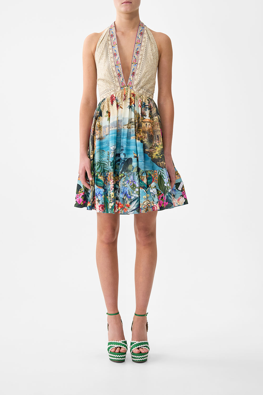 The CAMILLA RUFFLE HEM HALTER SHORT DRESS BODRUM BOTANICALSBODRUM BOTANICALS