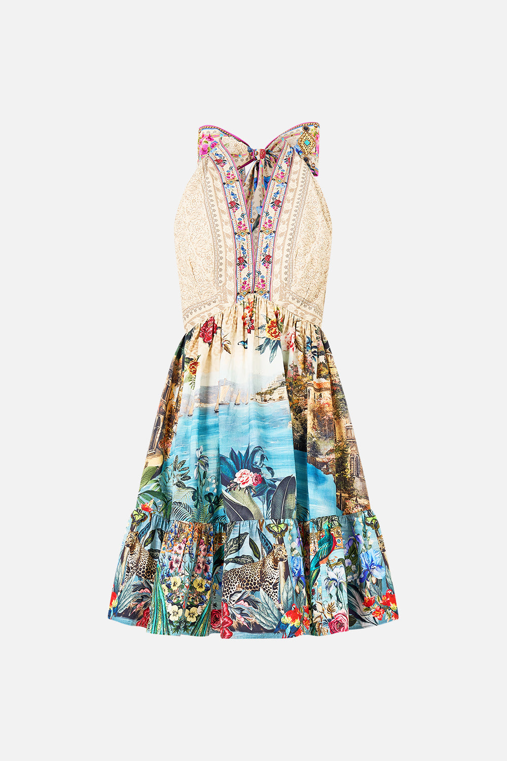 The CAMILLA RUFFLE HEM HALTER SHORT DRESS BODRUM BOTANICALS