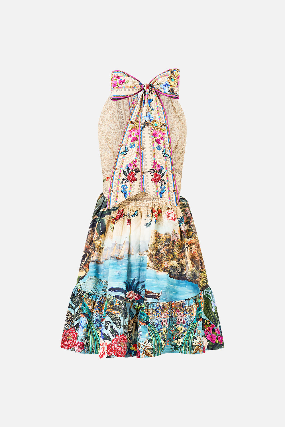 The CAMILLA RUFFLE HEM HALTER SHORT DRESS BODRUM BOTANICALS