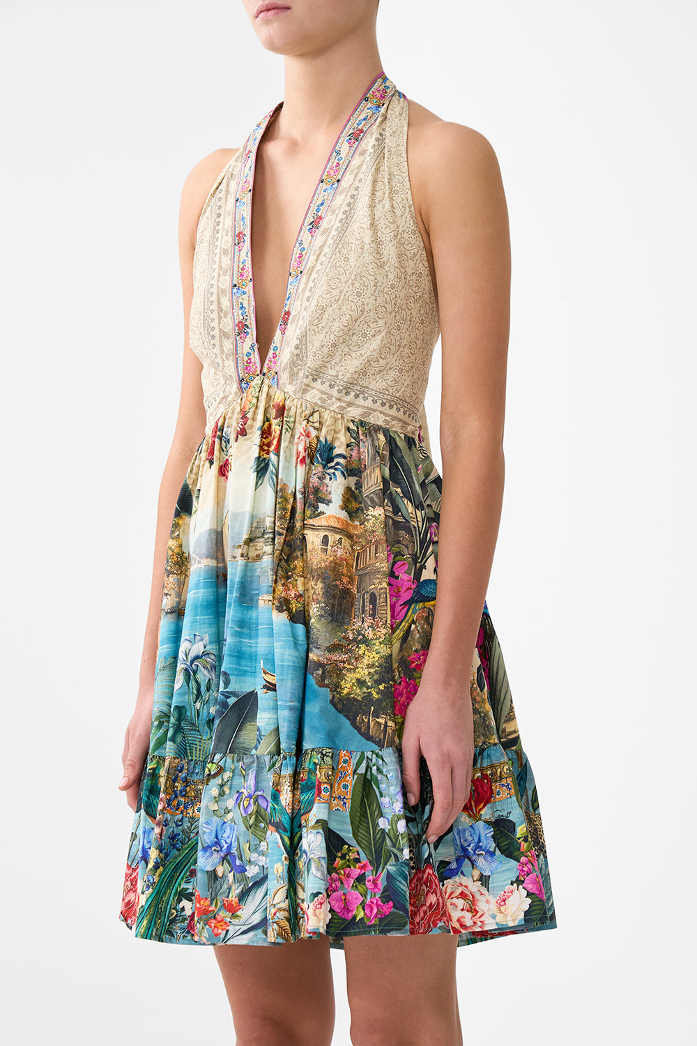 The CAMILLA RUFFLE HEM HALTER SHORT DRESS BODRUM BOTANICALS
