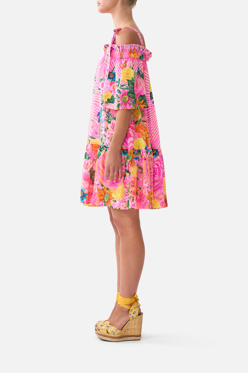 The CAMILLA OFF SHOULDER FRILL DRESS WITH STRAPS ILLUSTRATION NATION