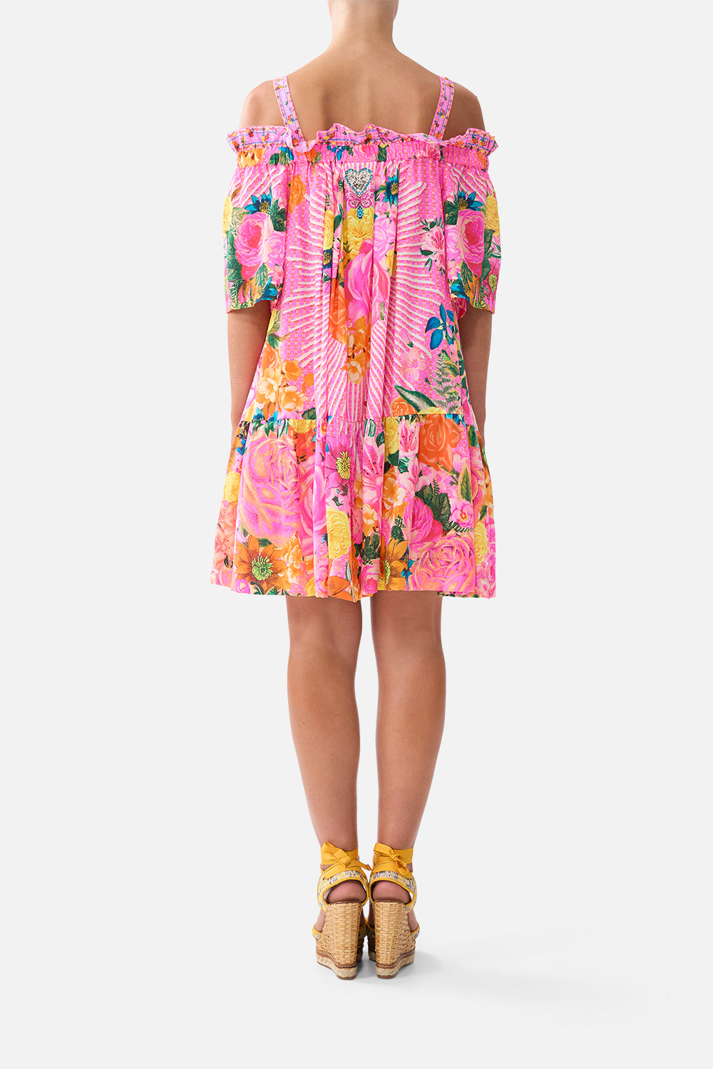 The CAMILLA OFF SHOULDER FRILL DRESS WITH STRAPS ILLUSTRATION NATION