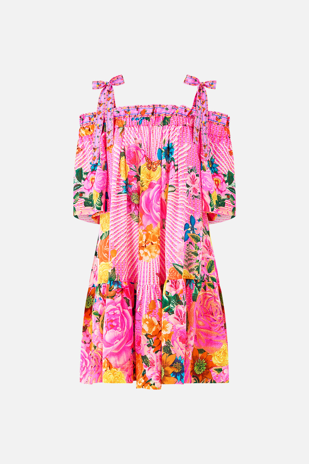 The CAMILLA OFF SHOULDER FRILL DRESS WITH STRAPS ILLUSTRATION NATION