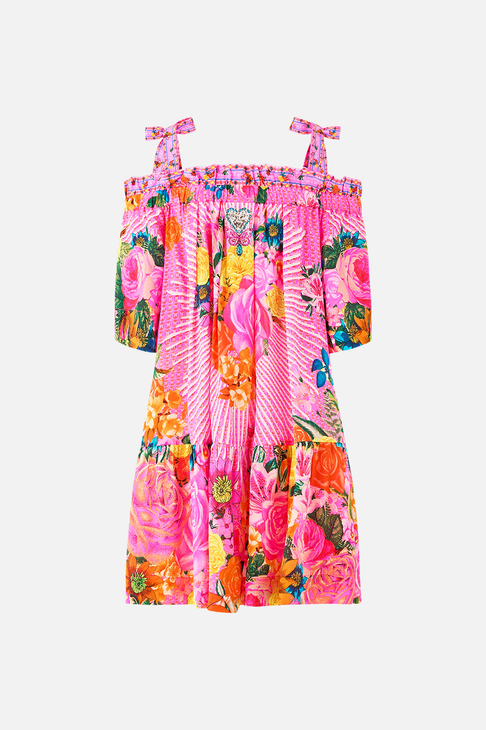 The CAMILLA OFF SHOULDER FRILL DRESS WITH STRAPS ILLUSTRATION NATION