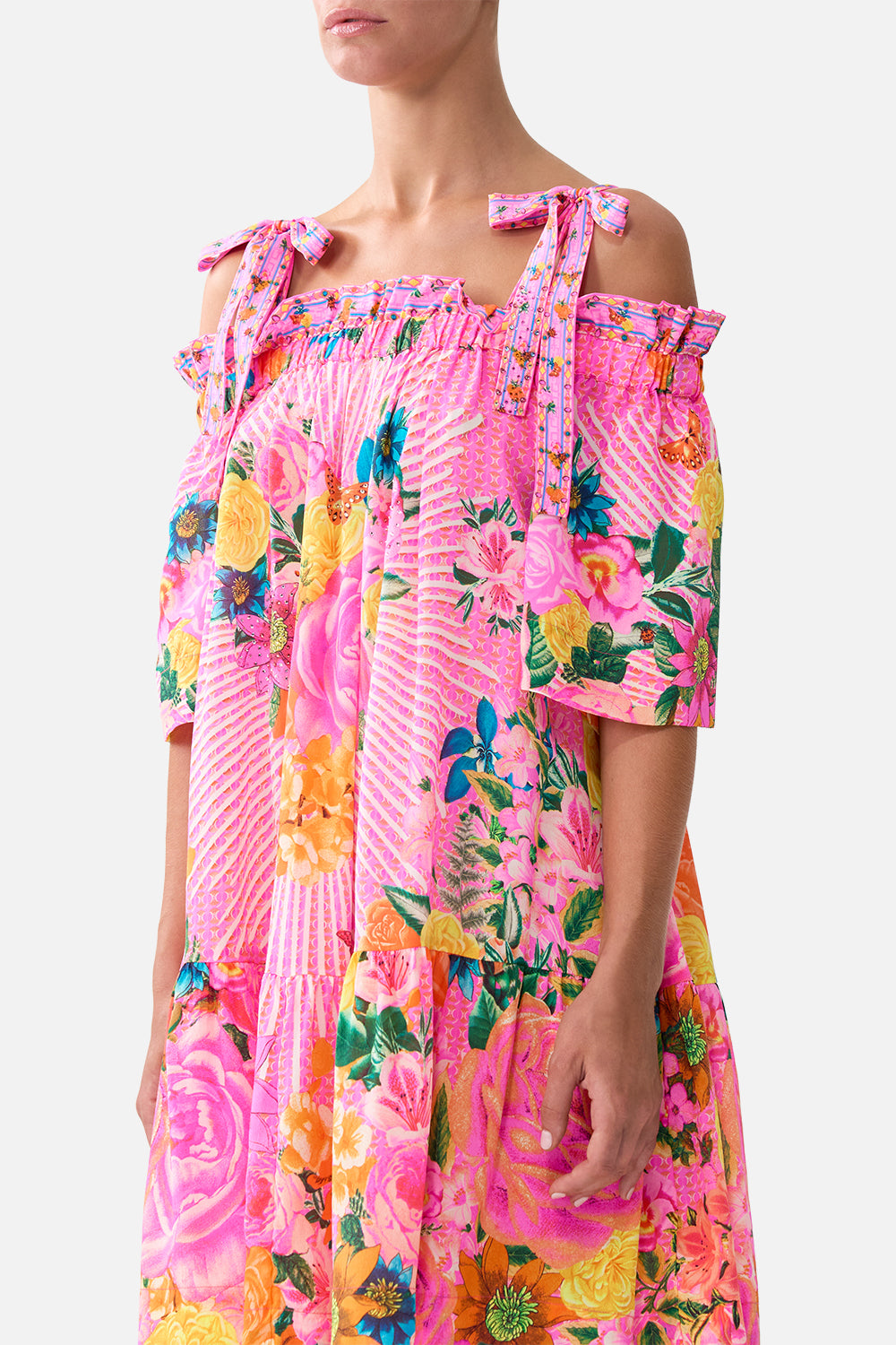 The CAMILLA OFF SHOULDER FRILL DRESS WITH STRAPS ILLUSTRATION NATION