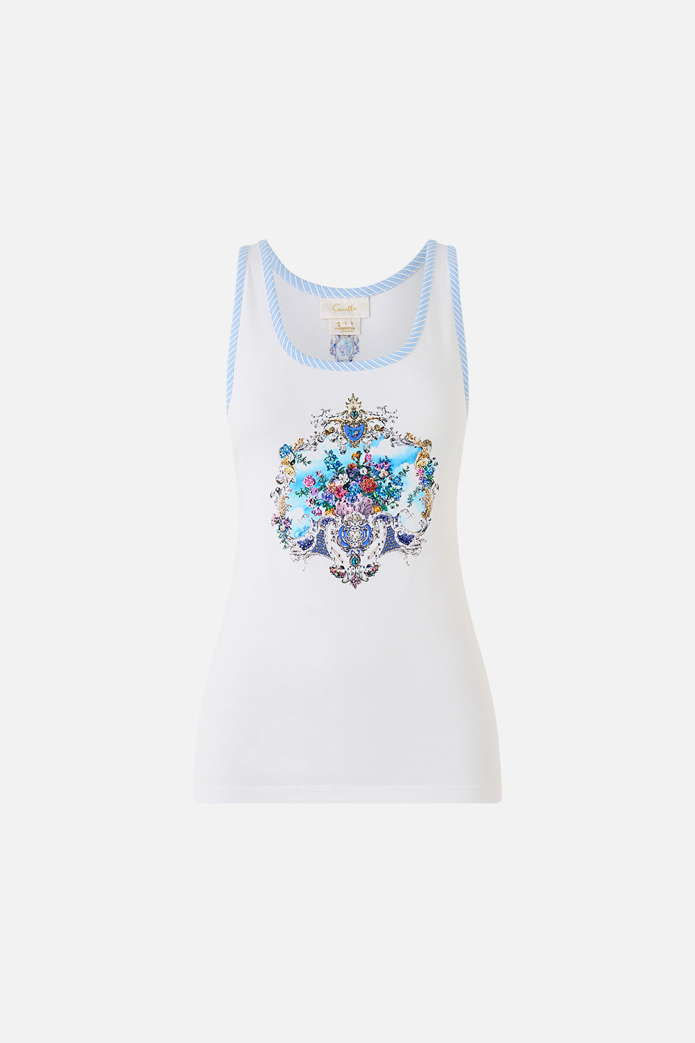 The CAMILLA JERSEY SCOOP NECK TANK TOP - WHITE/BLUE OTTOMAN OPULENCE