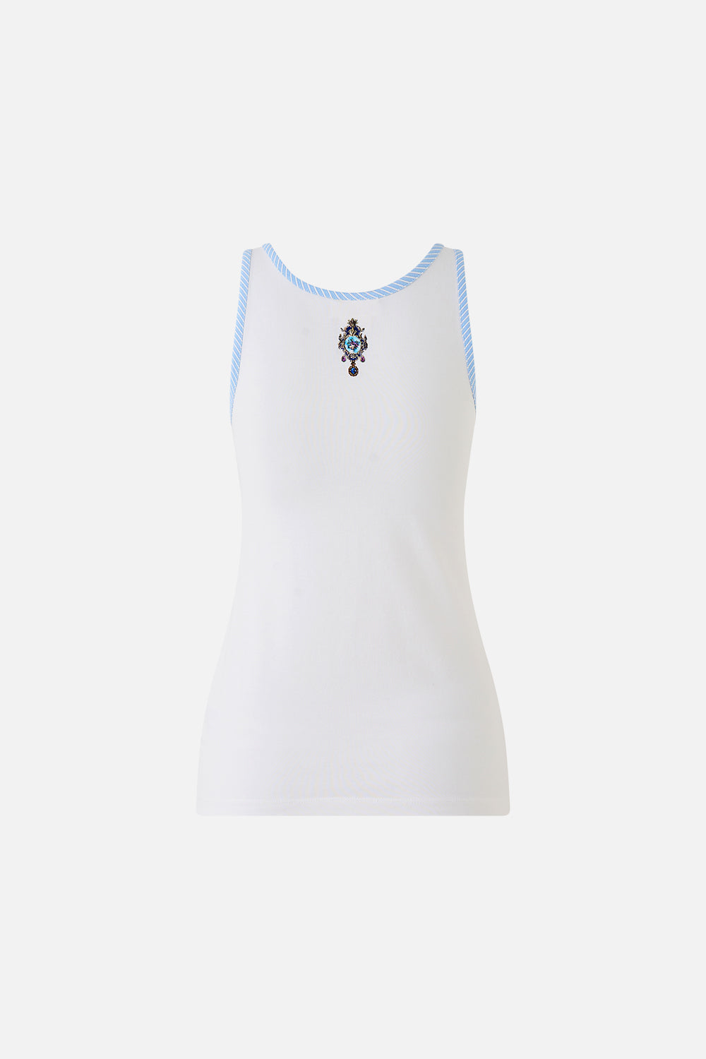 The CAMILLA JERSEY SCOOP NECK TANK TOP - WHITE/BLUE OTTOMAN OPULENCE
