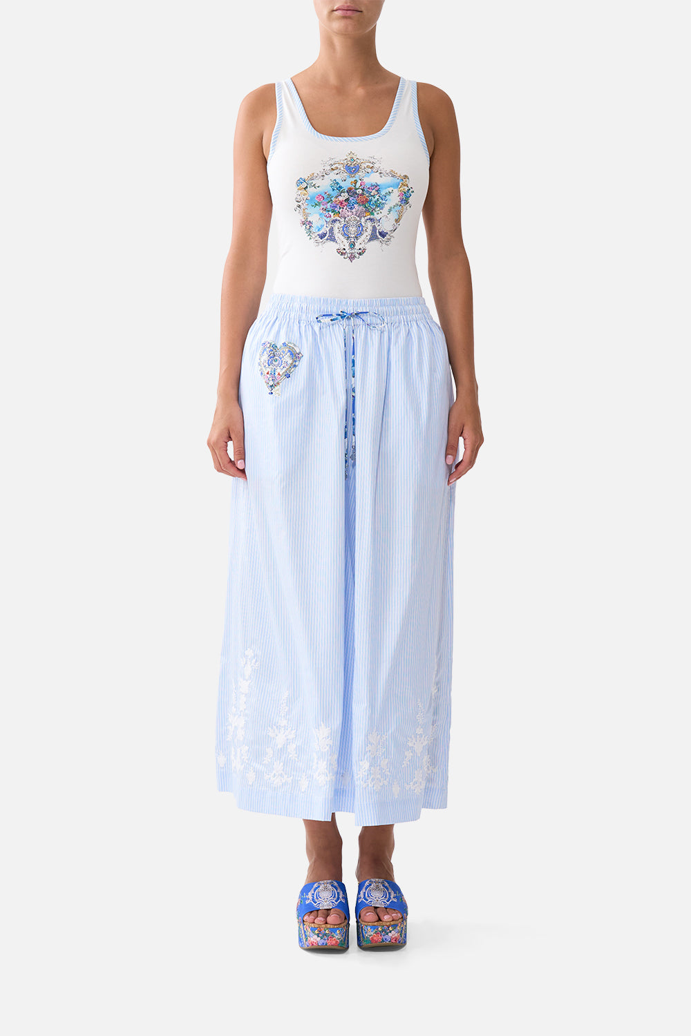 The CAMILLA JERSEY SCOOP NECK TANK TOP - WHITE/BLUE OTTOMAN OPULENCEOTTOMAN OPULENCE