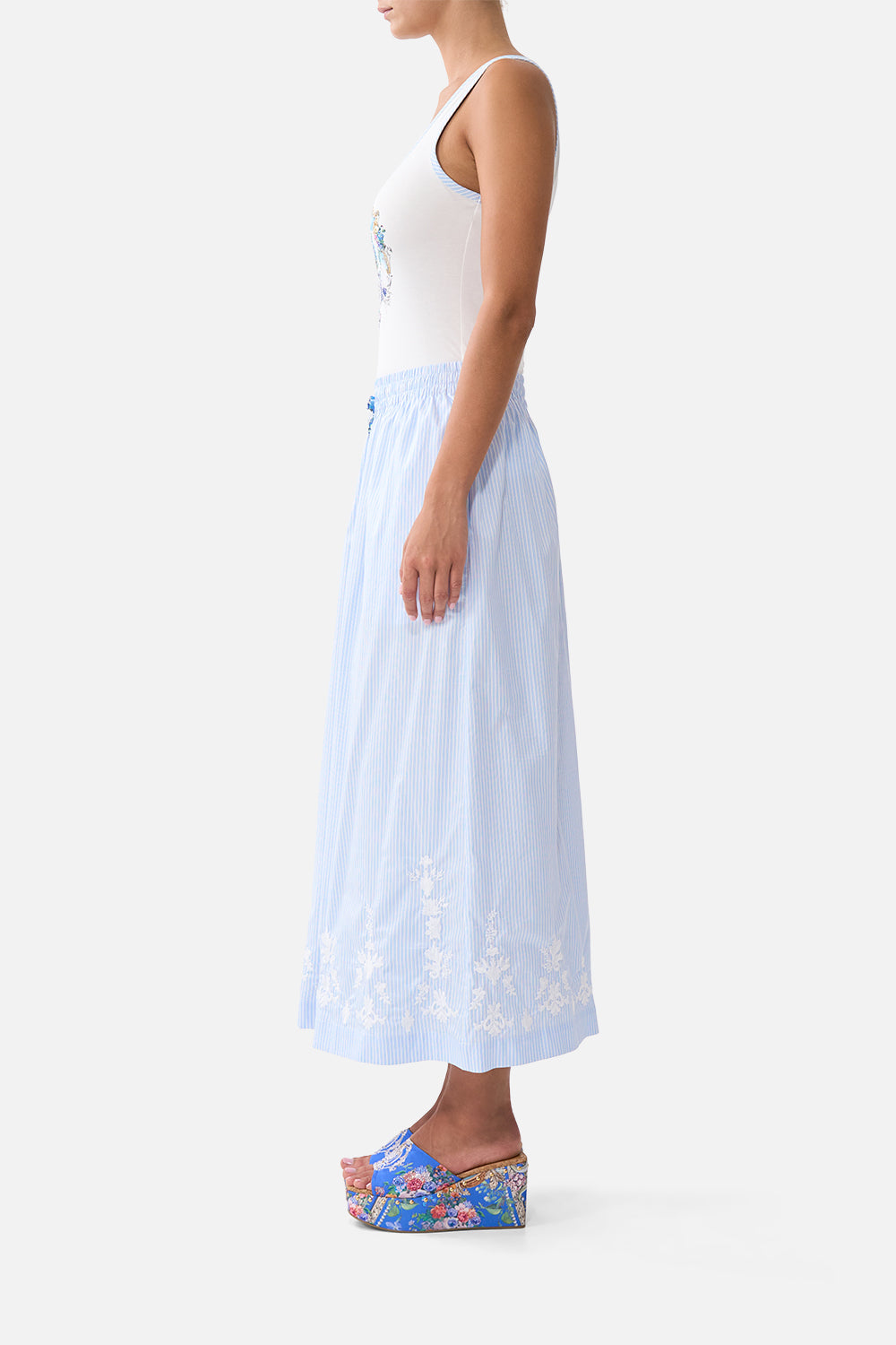 The CAMILLA JERSEY SCOOP NECK TANK TOP - WHITE/BLUE OTTOMAN OPULENCE