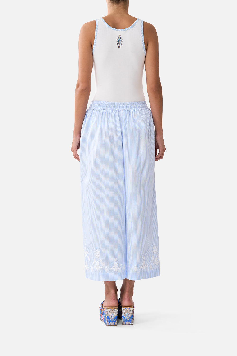 The CAMILLA JERSEY SCOOP NECK TANK TOP - WHITE/BLUE OTTOMAN OPULENCE