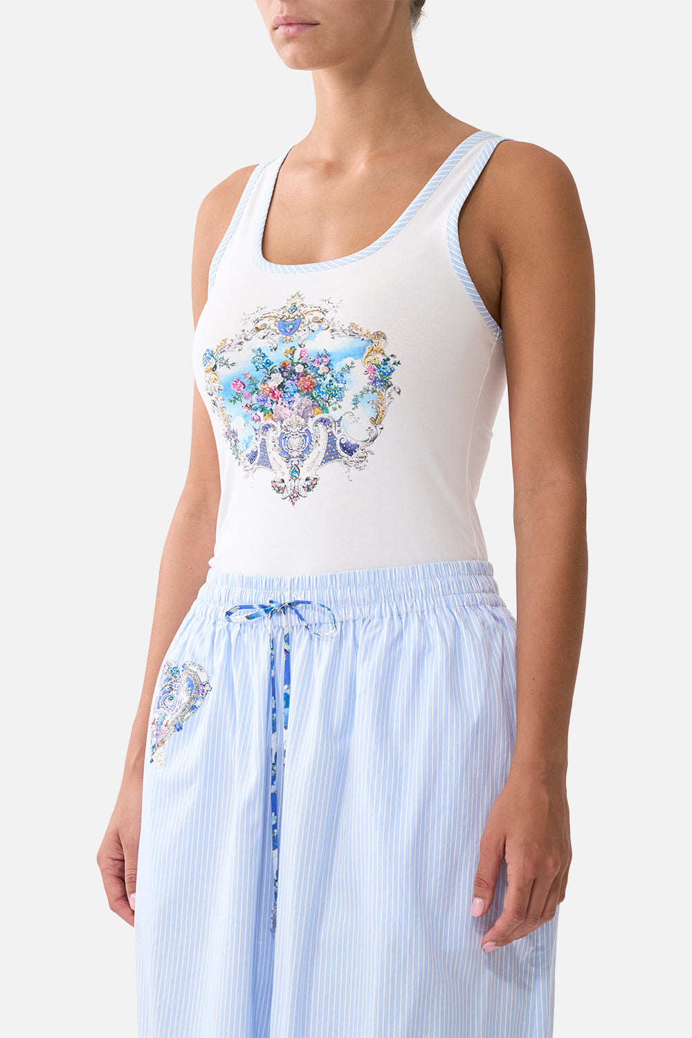 The CAMILLA JERSEY SCOOP NECK TANK TOP - WHITE/BLUE OTTOMAN OPULENCE
