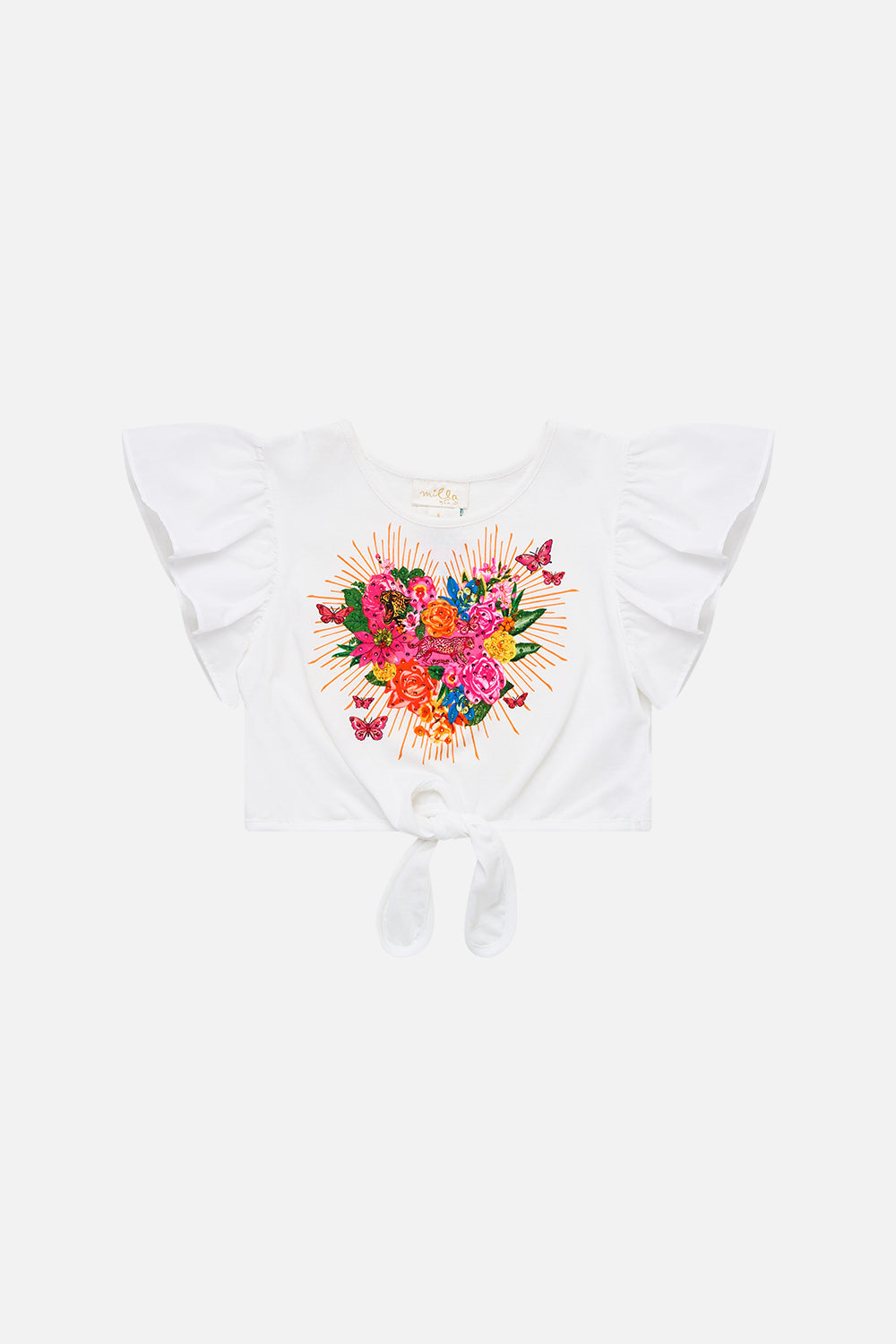 The CAMILLA KIDS TIE FRONT CROP TEE WITH FRILL SLEEVE ILLUSTRATION NATIONILLUSTRATION NATION