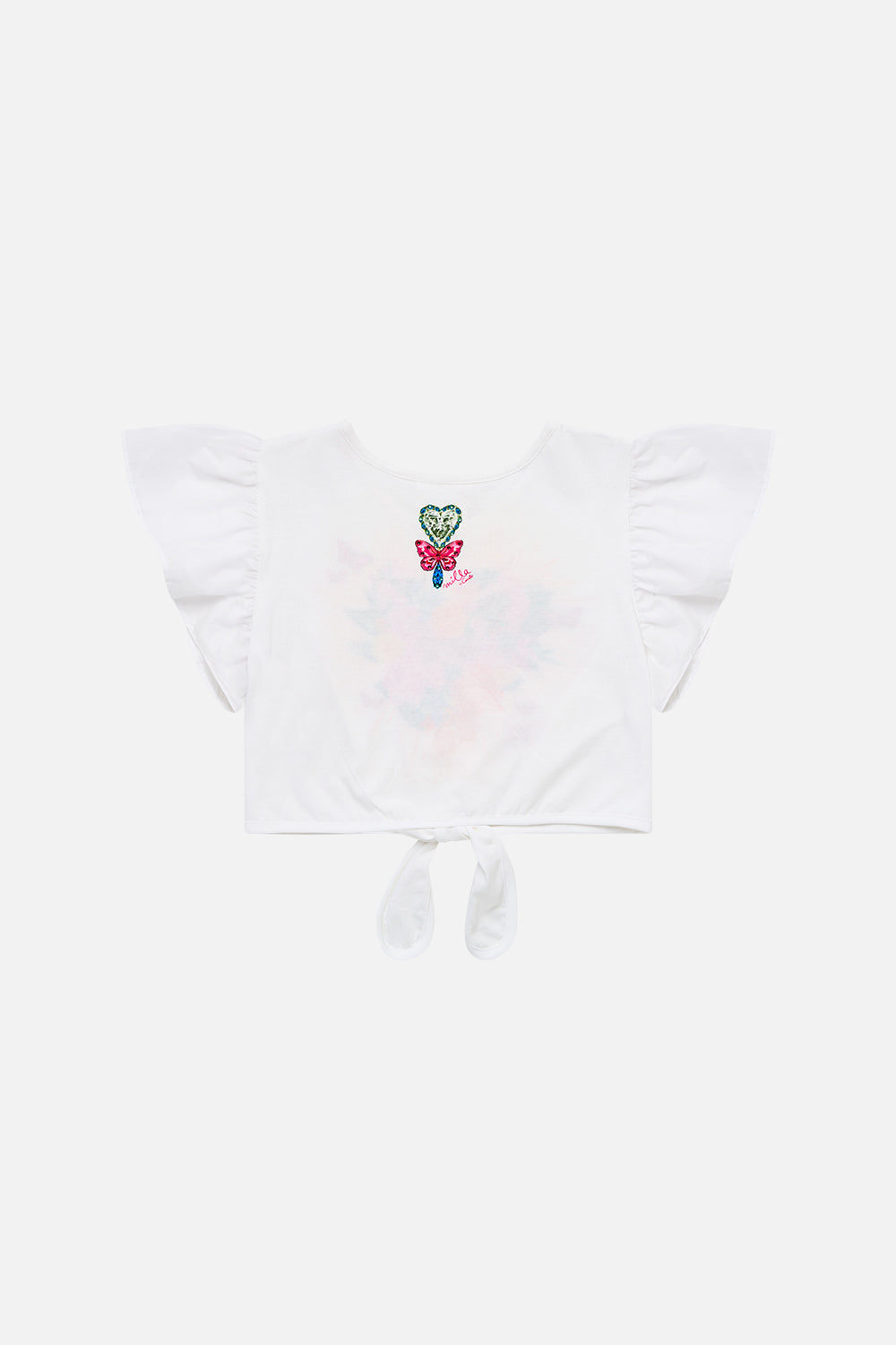 The CAMILLA KIDS TIE FRONT CROP TEE WITH FRILL SLEEVE ILLUSTRATION NATION