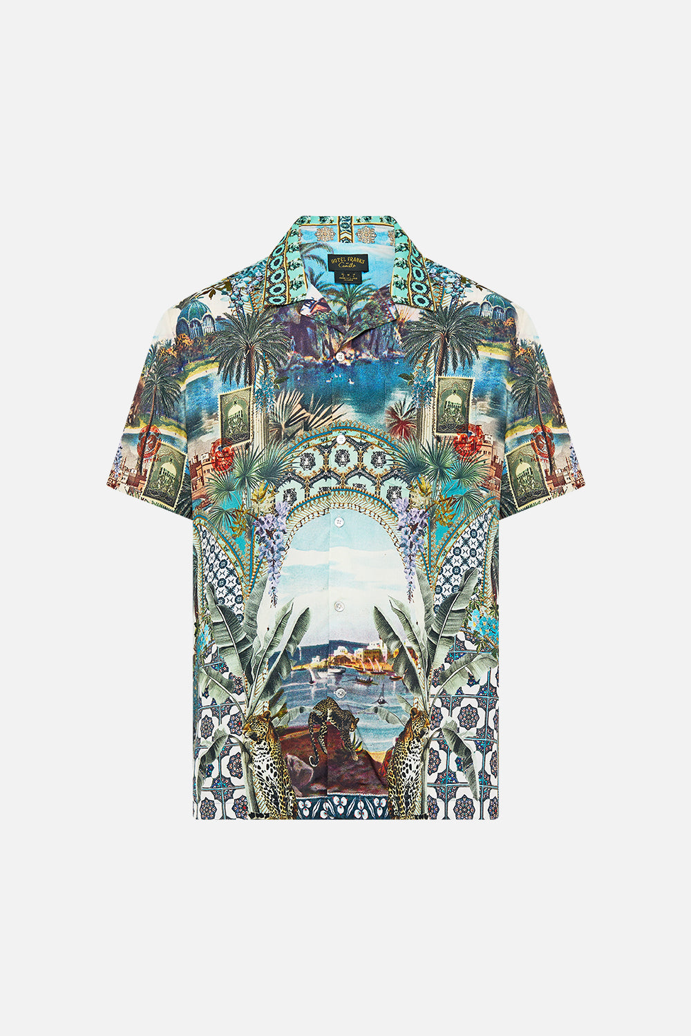 SHORT SLEEVE CAMP COLLARED SHIRT POSTCARDS & PALM TREES
