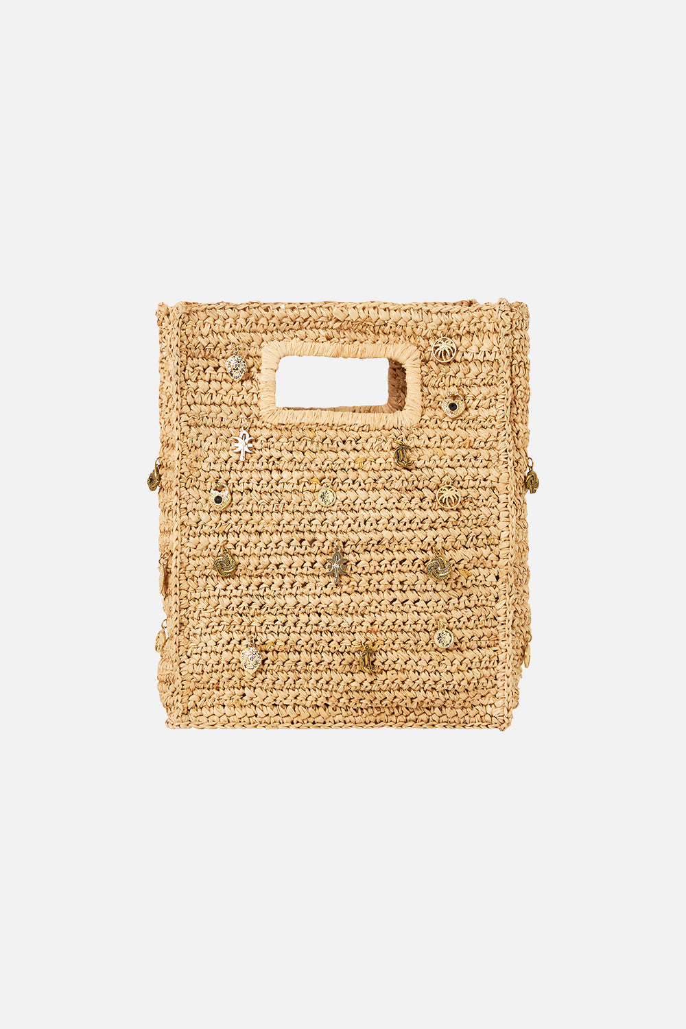 The CAMILLA RAFFIA MINI NORTH SOUTH TOTE WITH CHARMS NATURAL
