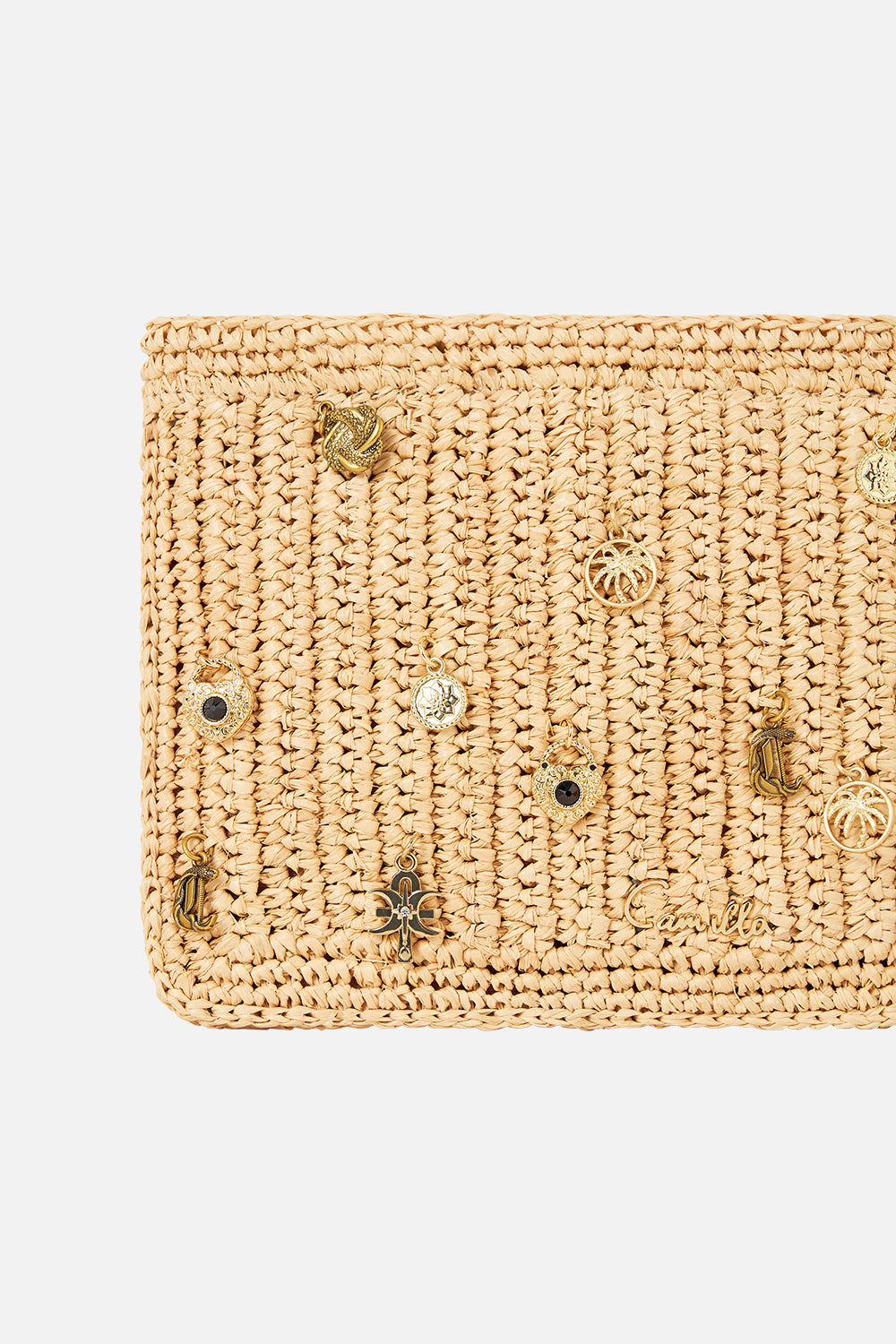 The CAMILLA RAFFIA CLUTCH WITH CHARMS NATURAL