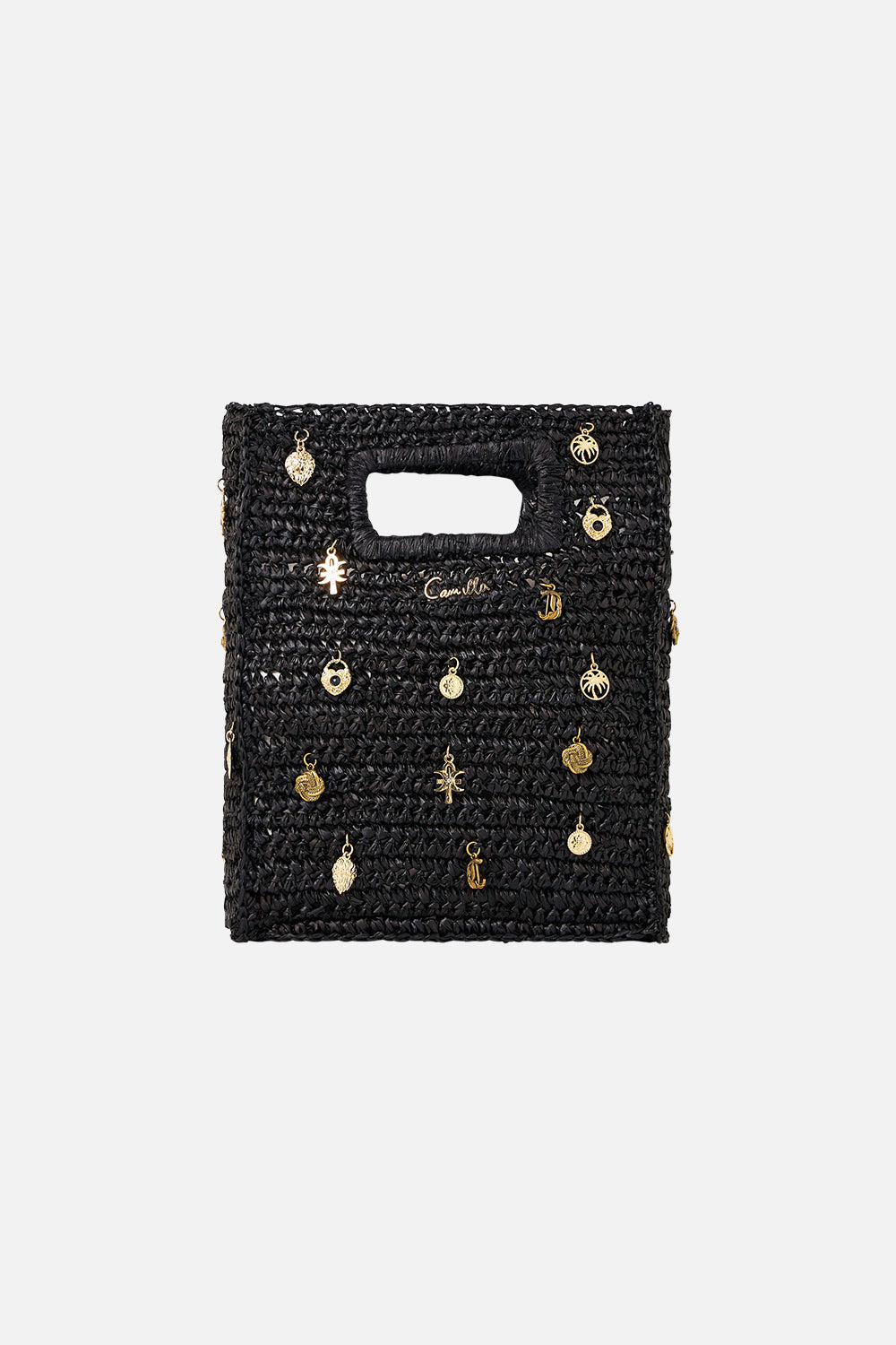 The CAMILLA RAFFIA MINI NORTH SOUTH TOTE WITH CHARMS SOLID BLACKSOLID BLACK