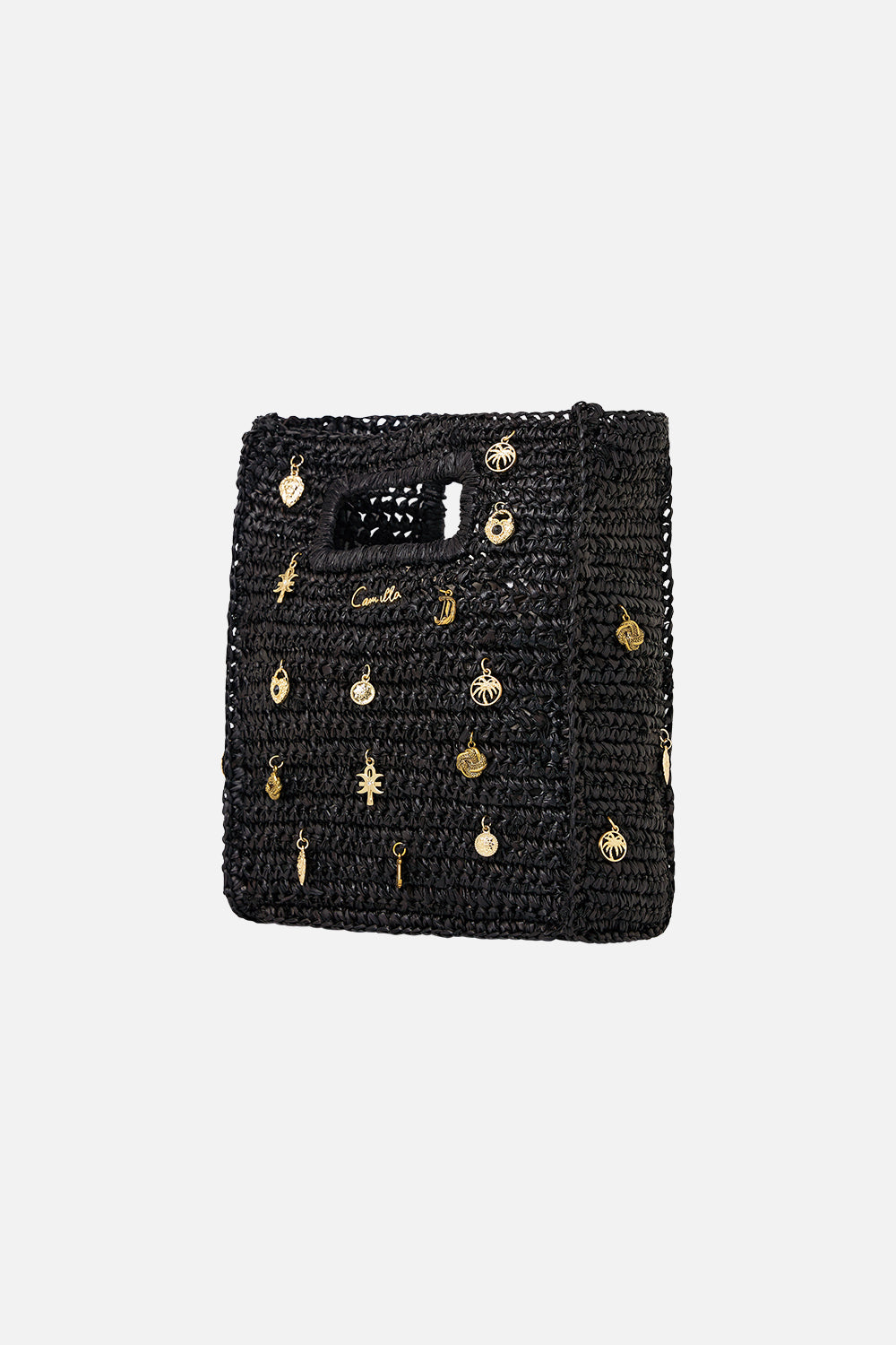 The CAMILLA RAFFIA MINI NORTH SOUTH TOTE WITH CHARMS SOLID BLACK