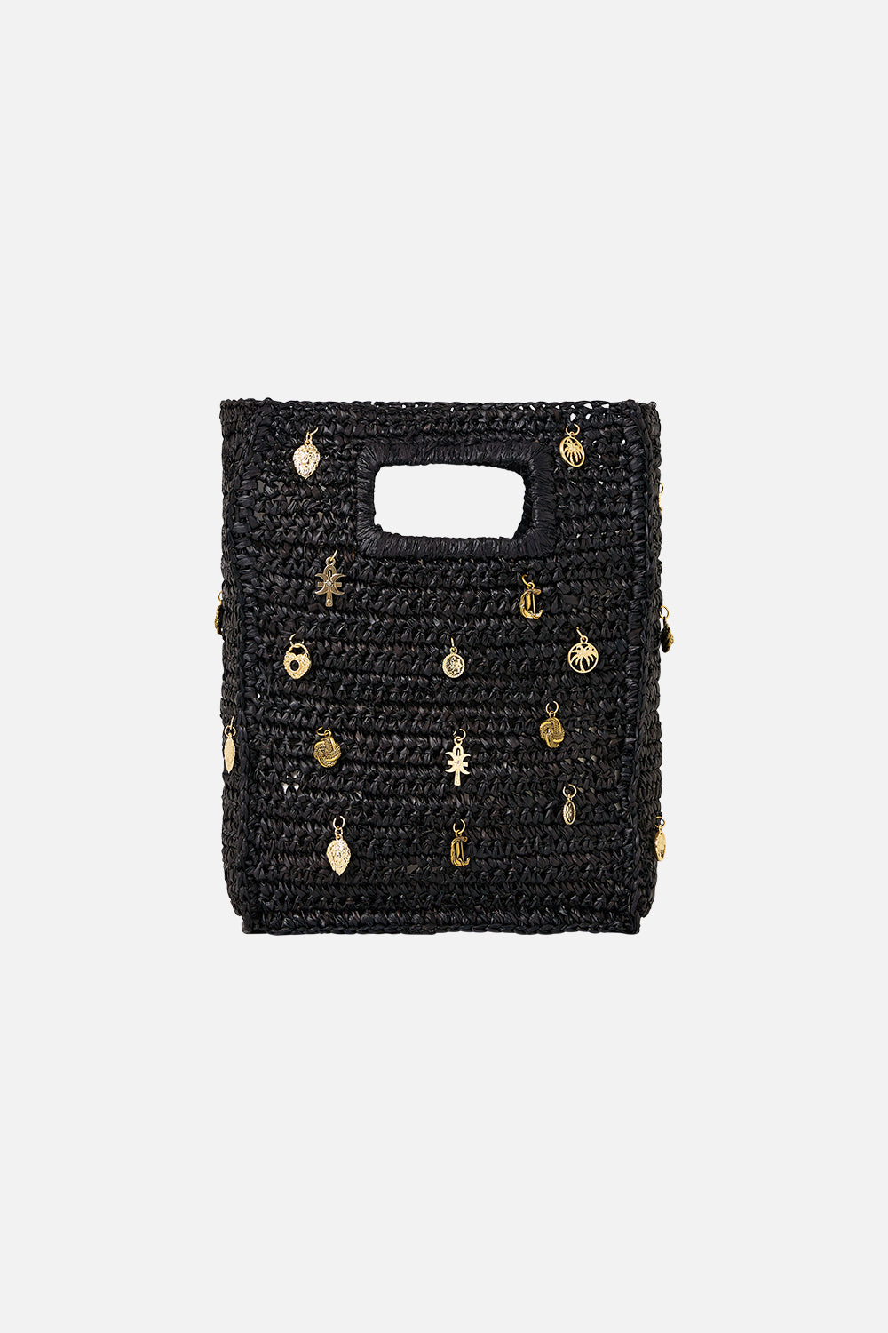 The CAMILLA RAFFIA MINI NORTH SOUTH TOTE WITH CHARMS SOLID BLACK