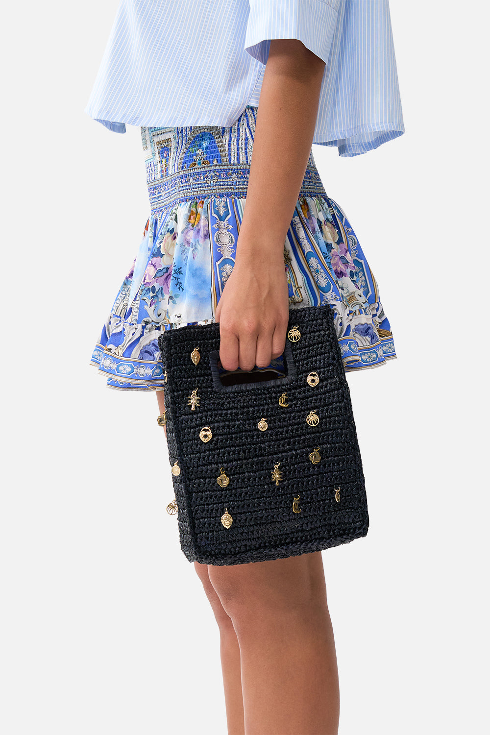 The CAMILLA RAFFIA MINI NORTH SOUTH TOTE WITH CHARMS SOLID BLACK