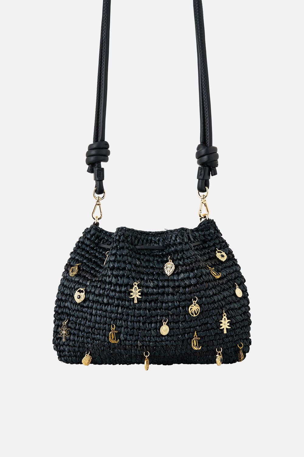 RAFFIA POUCH BAG WITH CHARMS SOLID BLACK