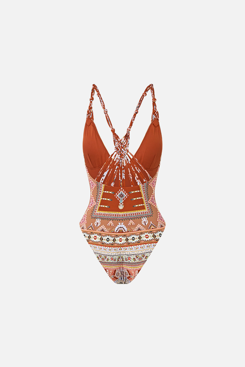 The CAMILLA V NECK ONE PIECE WITH MACRAME STRAPS FABRIC OF TIME