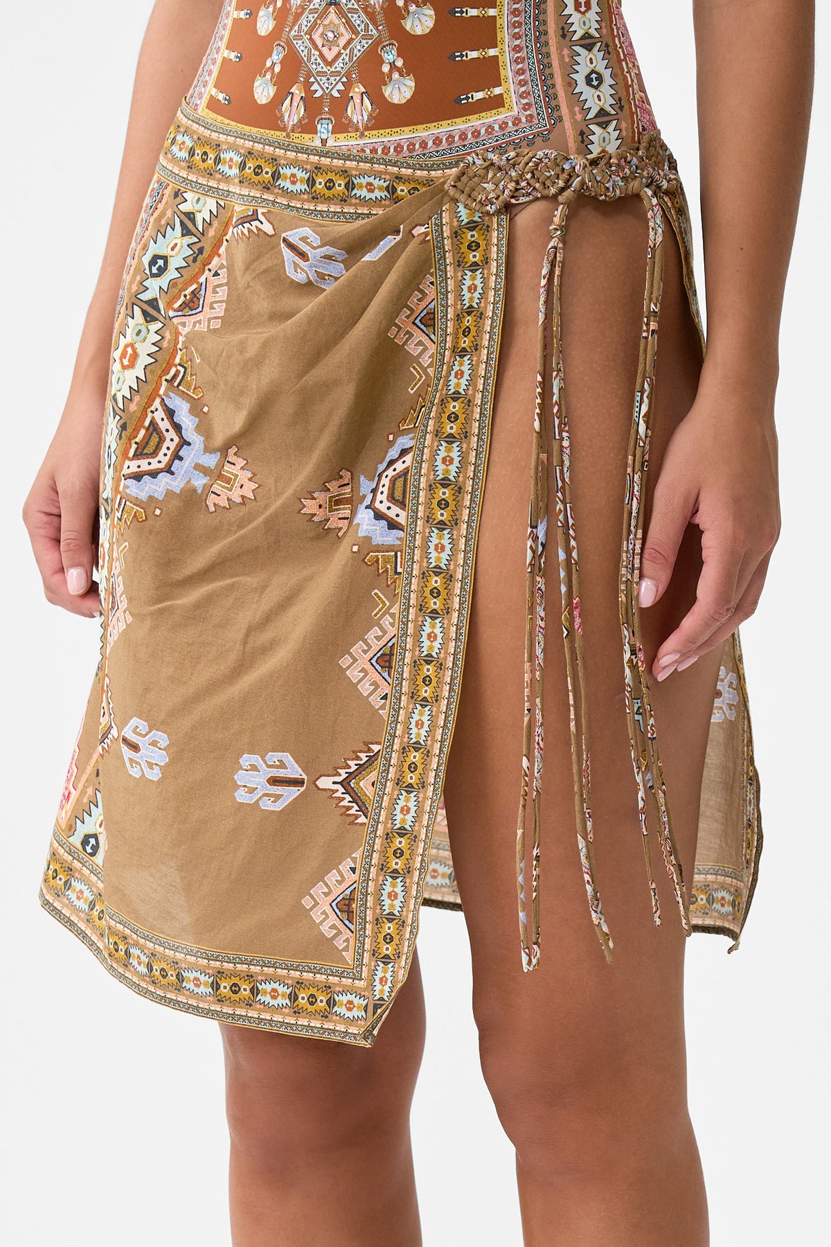 The CAMILLA WOVEN SHORT SARONG WITH MACRAME TIE WAIST FABRIC OF TIME