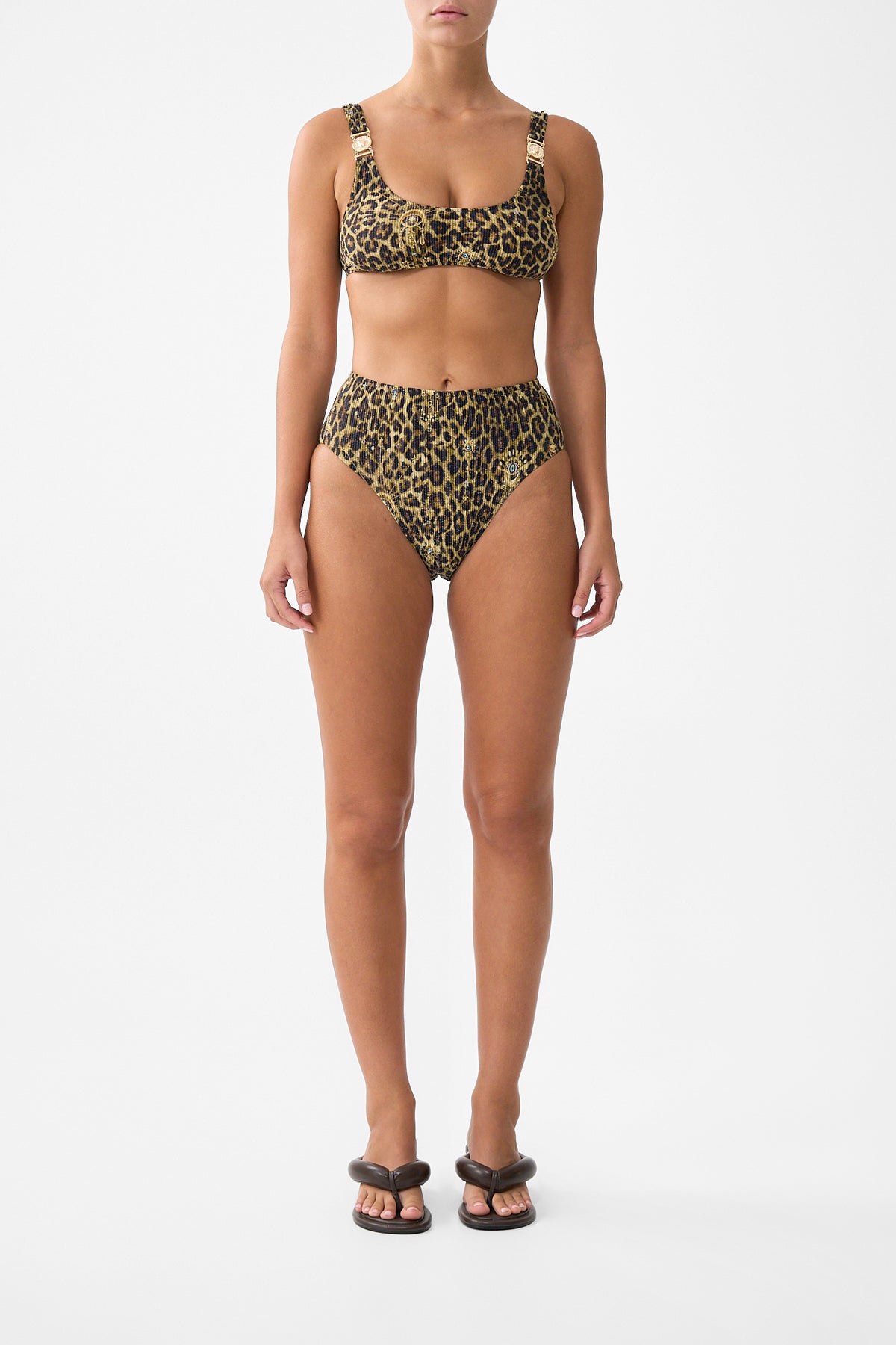 The CAMILLA CRINKLE STRETCH HIGH WAIST BIKINI BOTTOM WITH BACK TRIM FELINE FOLKLOREFELINE FOLKLORE