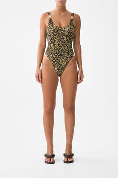 CRINKLE STRETCH SCOOP NECK ONE PIECE WITH STRAP TRIMS FELINE FOLKLORE