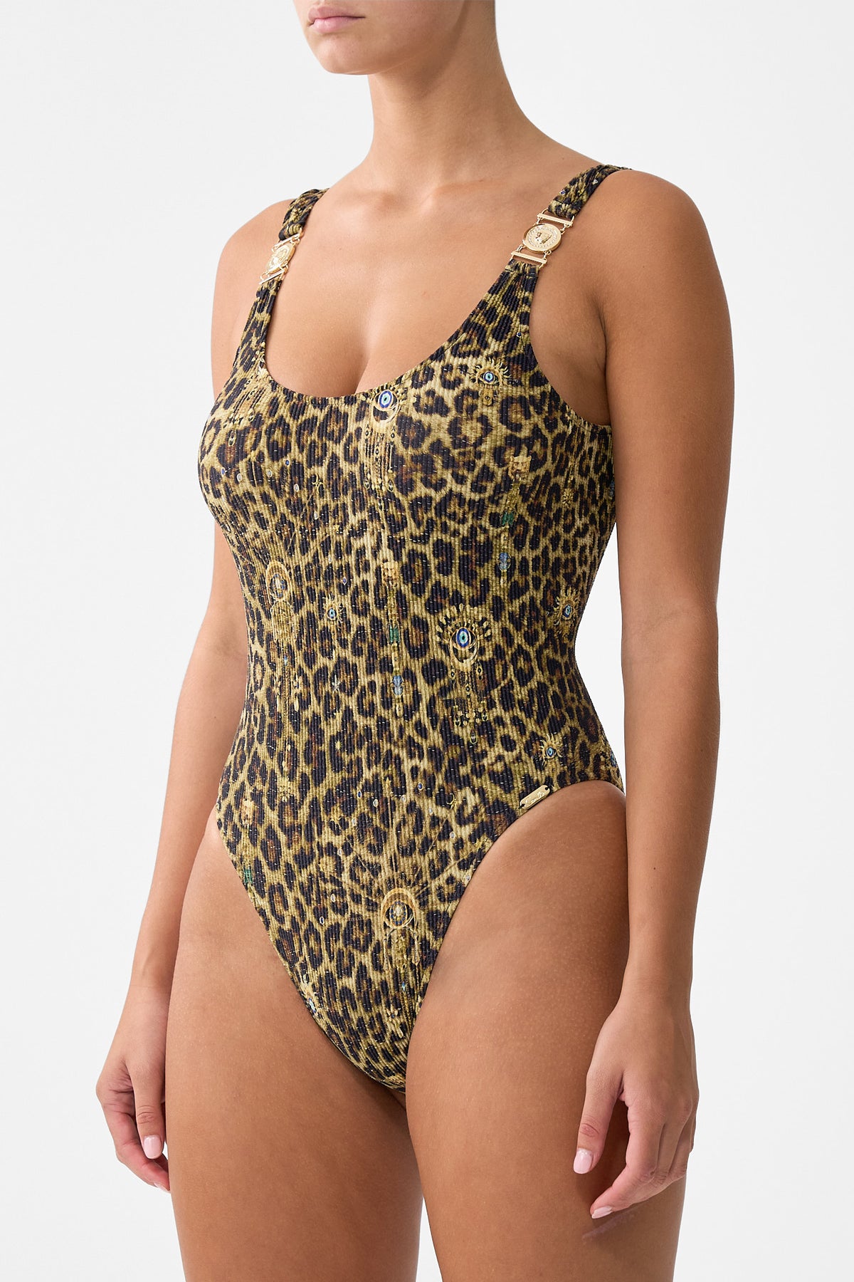 CRINKLE STRETCH SCOOP NECK ONE PIECE WITH STRAP TRIMS FELINE FOLKLORE
