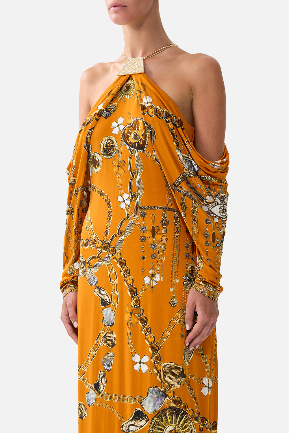 The CAMILLA DRAPED SLEEVE DRESS WITH HARDWARE TALISMANS OF TURKIYE
