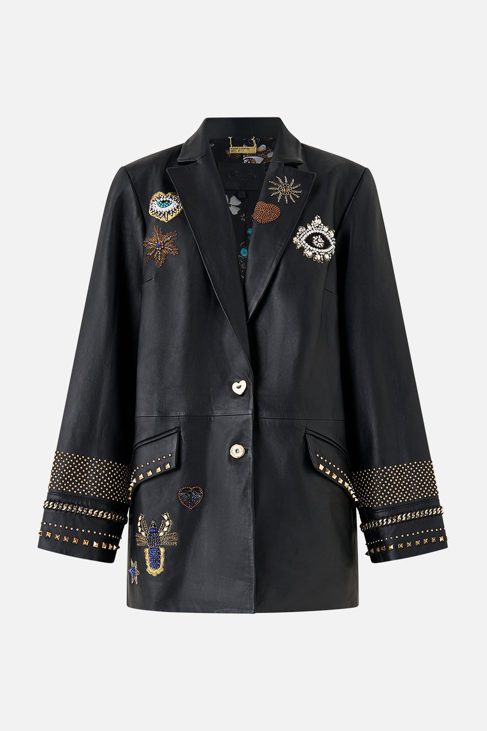 The CAMILLA LEATHER JACKET WITH YOKE AMULETS AND ALCHEMY