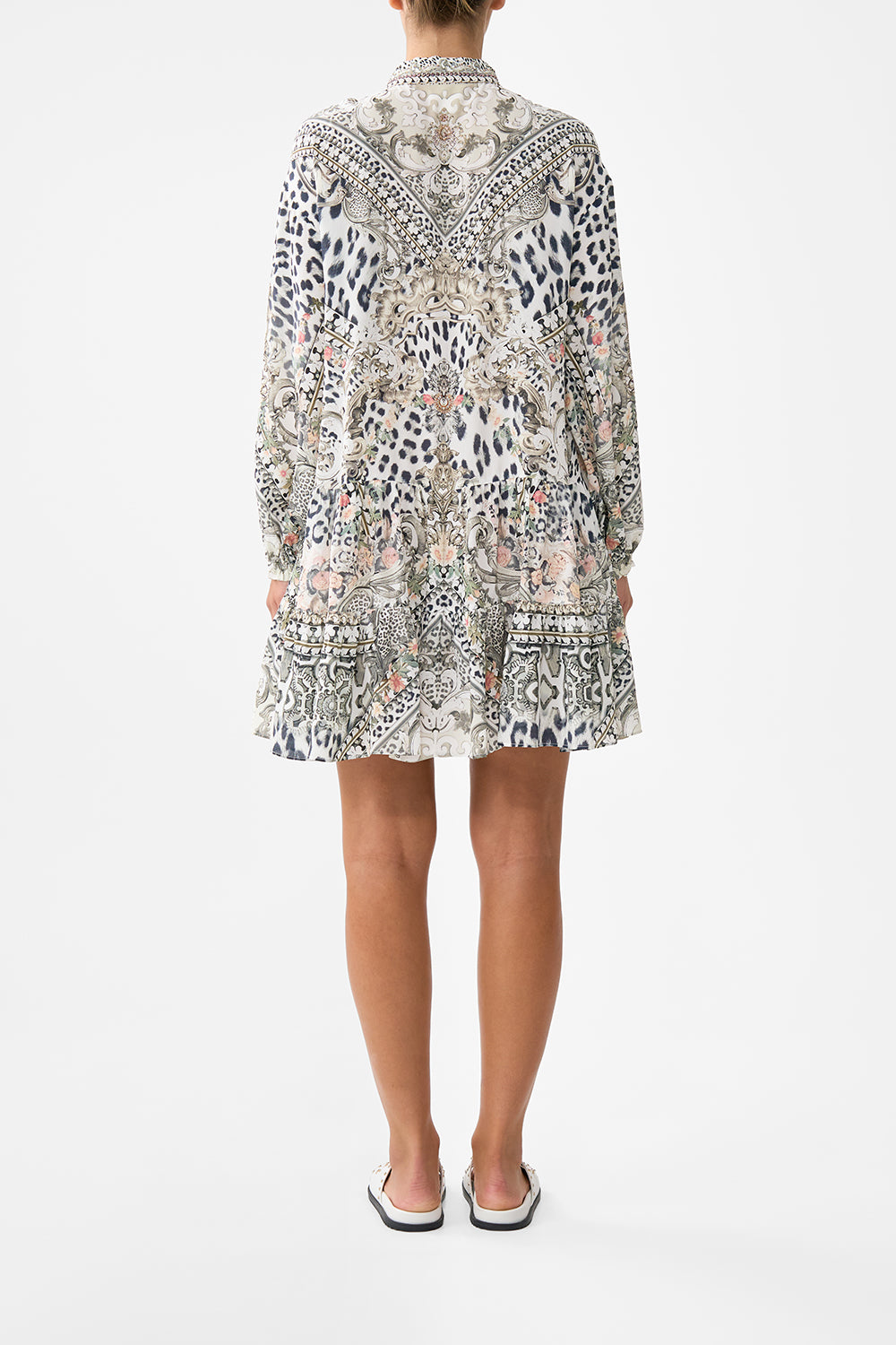 The CAMILLA Long Sleeve Tiered Short Dress in our Marble Heaven print.