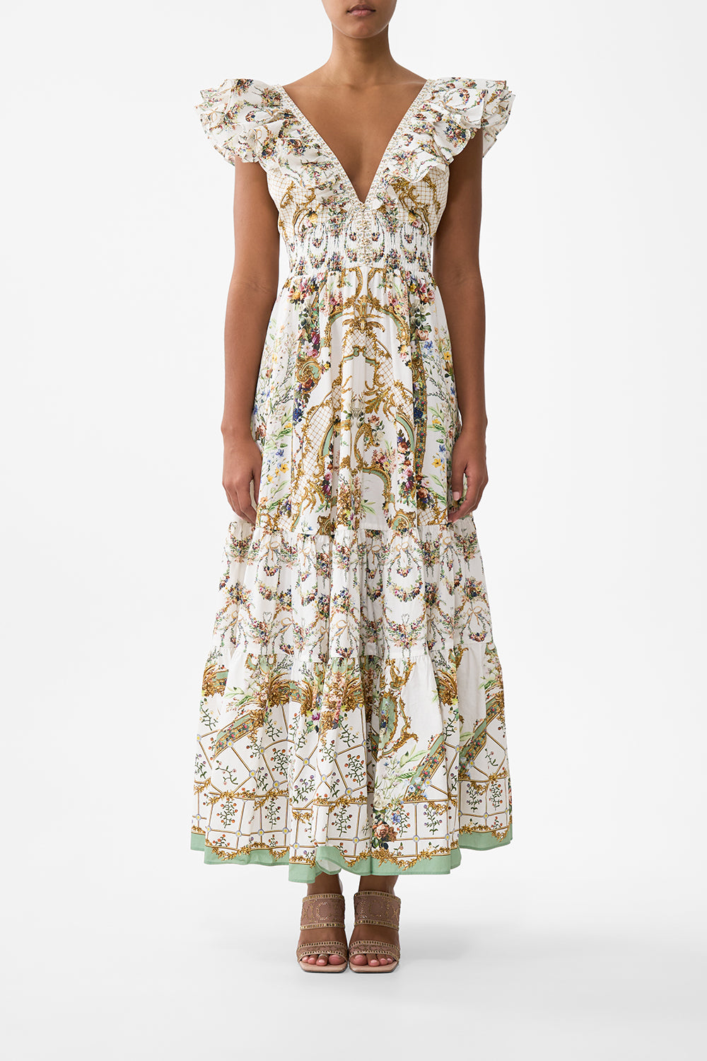 The CAMILLA Tiered Dress With Neck Frill in our Dressing Room Drama print.