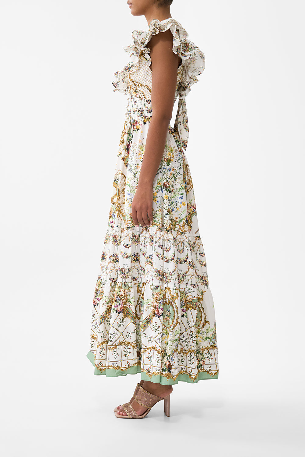 The CAMILLA Tiered Dress With Neck Frill in our Dressing Room Drama print.