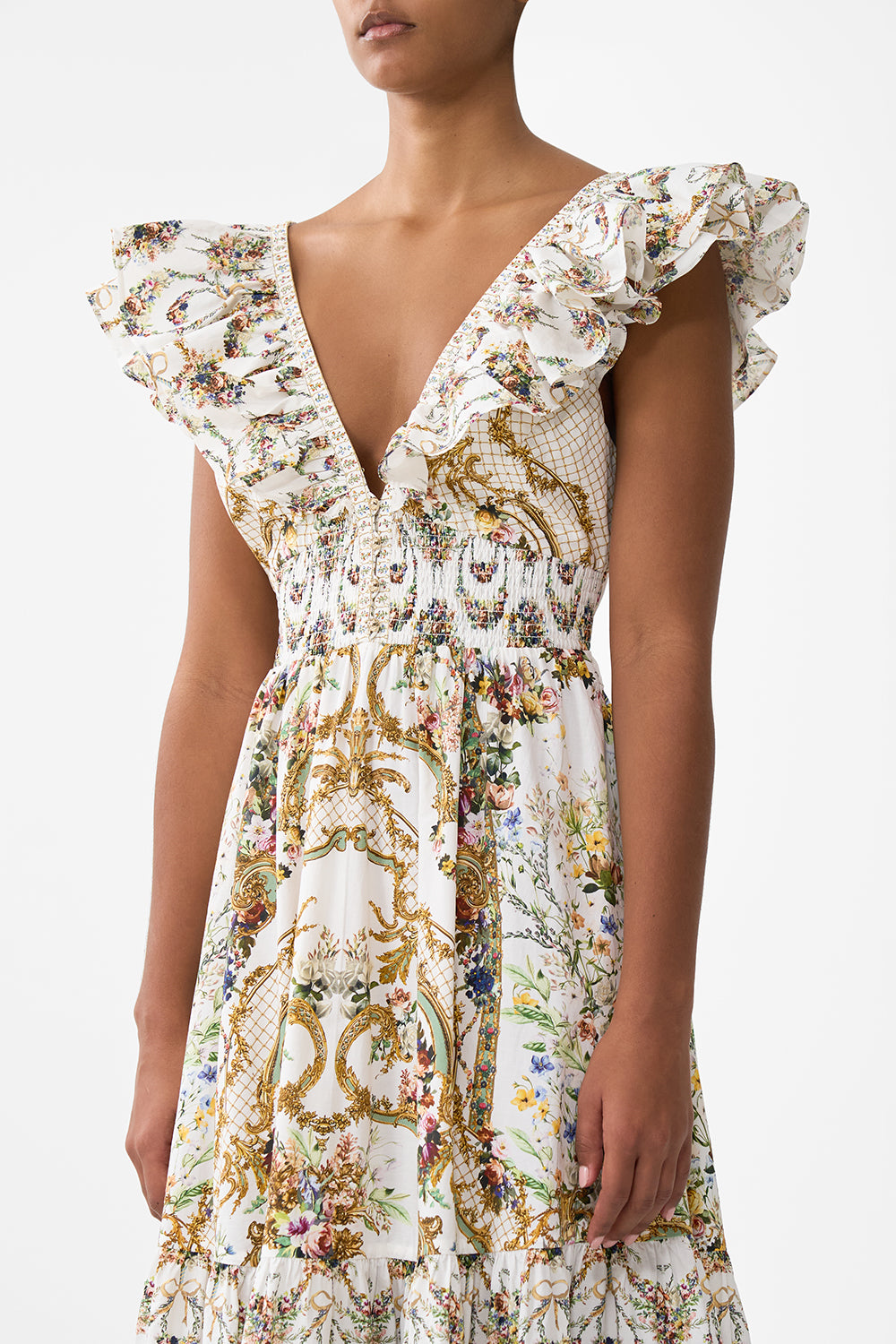 The CAMILLA Tiered Dress With Neck Frill in our Dressing Room Drama print.