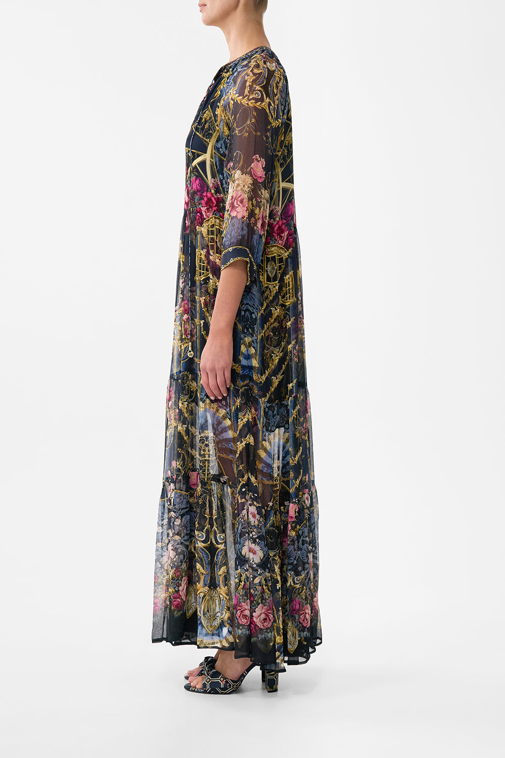 The CAMILLA Long Gathered Panel Dress in our Ornate On A Plate print.
