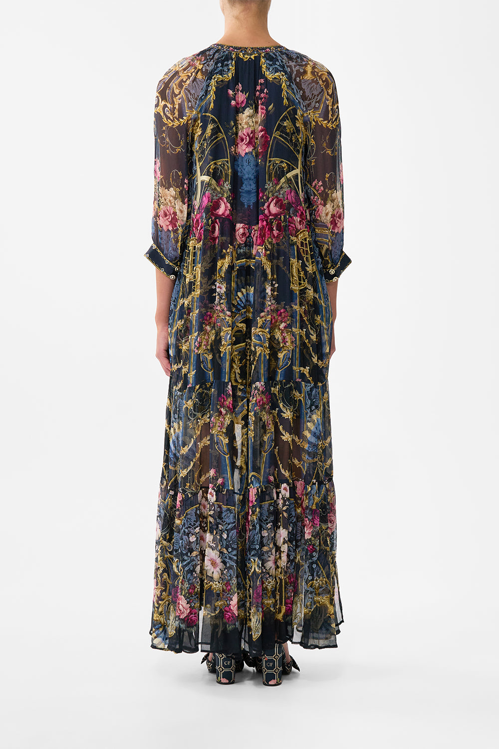 The CAMILLA Long Gathered Panel Dress in our Ornate On A Plate print.