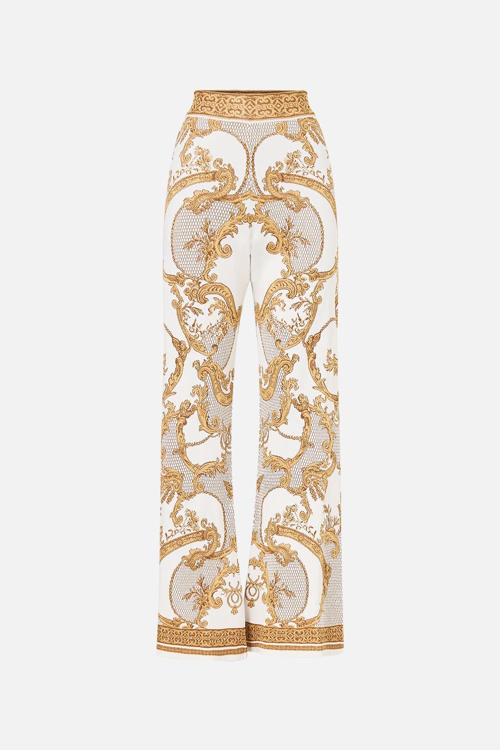 The CAMILLA Flared Jacquard Knit Pant in our Dressing Room Drama print.
